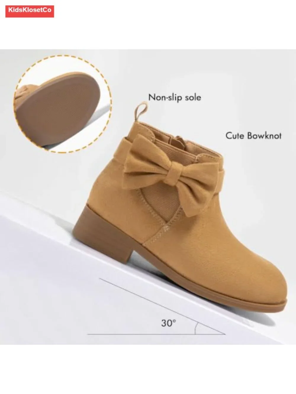 Girls Bow Suede Ankle Boots Chunky Low Heel Chelsea Zipper Booties